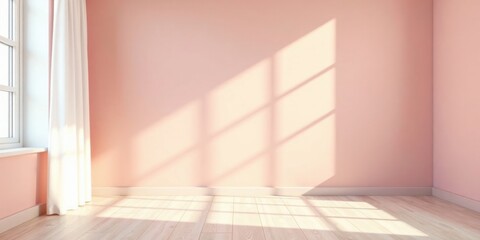 Fototapeta premium Sunlight Illuminates a Blank Room with Pale Pink Walls and White Curtains