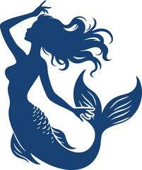 Mermaid with Flowing Hair Silhouette Vector
