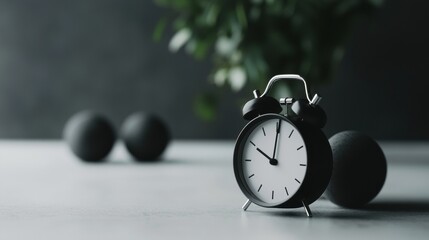 A black alarm clock with a white face sits on a table