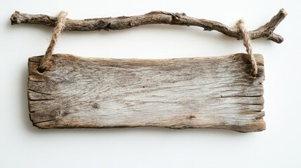 Weathered wooden sign hanging from a branch, styled with aged texture and knots, set against a simple white backdrop.