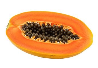 Half of ripe papaya fruit with seeds isolated on white background, no depth of field, sharp.