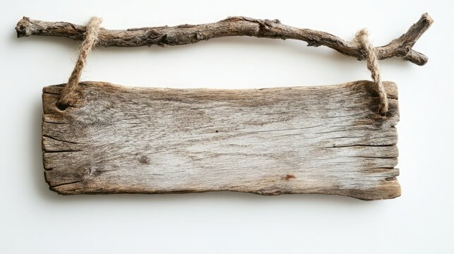 Weathered wooden sign hanging from a branch, styled with aged texture and knots, set against a simple white backdrop.