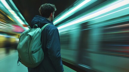 Fototapeta premium Man Waiting for Train Departure at Subway Station Platform