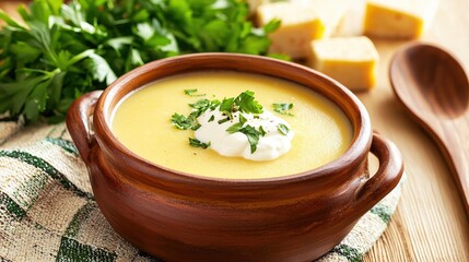 Creamy Potato Soup in Rustic Bowl Garnish with Parsley