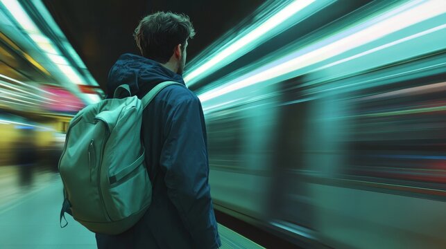 Man Waiting for Train Departure at Subway Station Platform