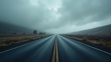 A Solitary Road Through a Misty Landscape Under a Gloomy Sky
