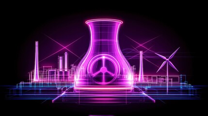 Digital illustration of the energy industry, showcasing energy production from fossil fuels, nuclear, and renewable sources, with vibrant power lines connecting cities to power plants