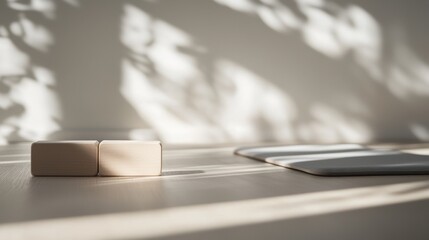 A wooden block sits on a table in front of a white wall