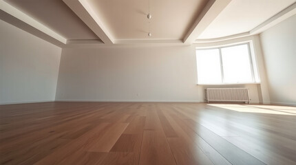 A minimalist interior design an empty, light-filled room with hardwood floors, an open floor plan, a large window, soft gentle light, diffused shadows, subtle illumination