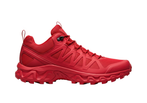 Side view of red trail running shoe or trekking boot isolated on white background, no depth of field, sharp.