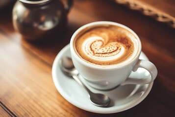 Fototapeta premium Cup coffee of hot and cold cappuccino on old wooden table in the morning