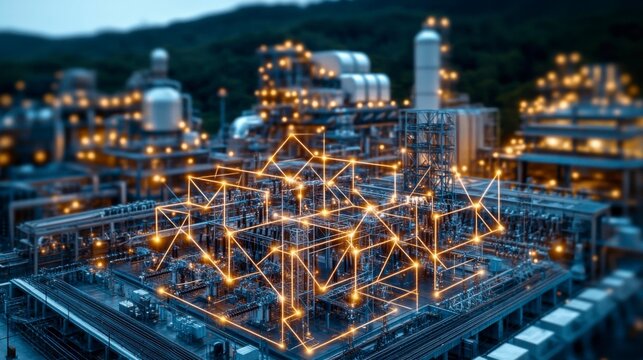 Conceptual image of the energy industry, with power plants, electrical grids, and sustainable energy solutions, representing the ongoing transformation of global energy production and consumption