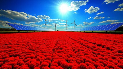 Fototapeta premium Creative illustration of renewable energy, with clean solar power systems, wind turbines, and bioenergy, symbolizing the diverse solutions leading to a sustainable and eco-friendly energy future