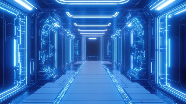 3D-rendered computer hologram outlined in neon blue, with intricate tech circuits on a clean white grid layout. Futuristic technology.