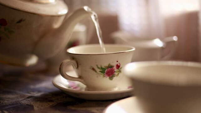 Pouring water in a vintage china crockery 