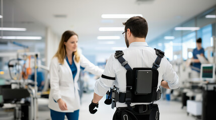 Engineers refine a robotic exoskeleton prototype designed to assist with physical rehabilitation, featuring adaptive movement and AI-powered adjustments. robotic exoskeleton protot
