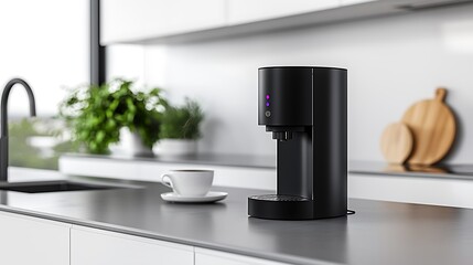 Modern black coffee maker brewing coffee on kitchen counter.