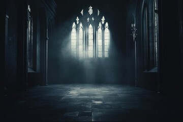 Gothic Church Interior Shows Stone Floor and Arched Windows with Mystery Theme