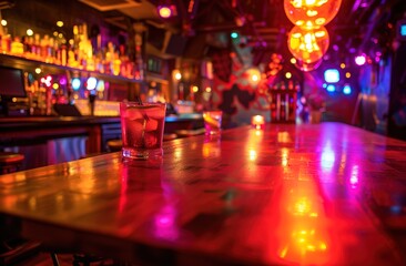 Empty wooden table top on blur light gold bokeh of cafe restaurant in dark background surrounded with light spots illusion.