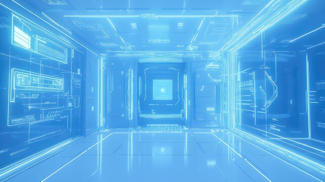 3D-rendered computer hologram outlined in neon blue, with intricate tech circuits on a clean white grid layout. Futuristic technology.