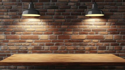 An empty wooden table set against a brick wall with industrial-style lighting above