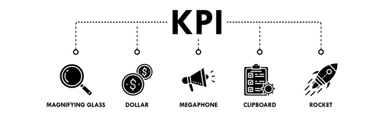 Key Performance Indicators banner web icon illustration concept with icon of magnifying glass, dollar, megaphone, clipboard, and rocket
