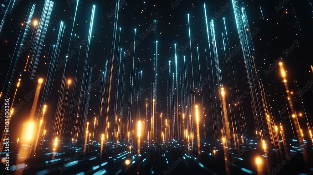 Poster 3d-rendered financial chart with luminous candlesticks, surrounded by dynamic data streams on a blac