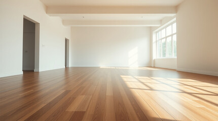 Obraz premium A minimalist interior design an empty, light-filled room with hardwood floors, an open floor plan, a large window, soft gentle light, diffused shadows, subtle illumination