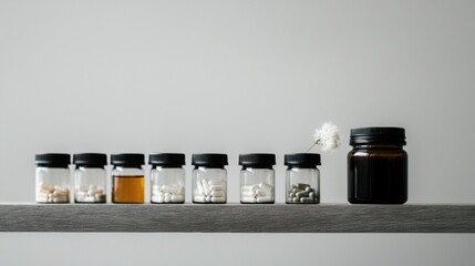 A row of jars with pills in them and a jar with a flower in it