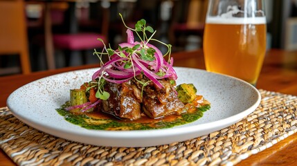 Gourmet Braised Meat Dish with Red Onion and Microgreens Restaurant Food