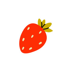 Bright red strawberry with green leaves on a plain white background