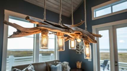 Rustic Driftwood Chandelier with Mason Jar Lights