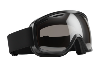 Angled view of a pair of ski goggles isolated on white background, no depth of field, sharp.