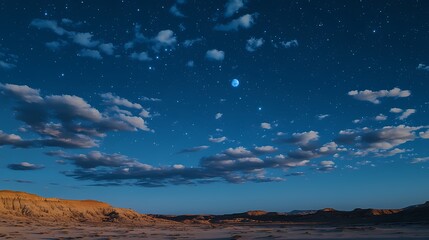 Fototapeta premium Breathtaking Night Sky Over Desert Landscape with Stars and Clouds in Vast Open Space, Evokes Tranquility and Wonder in a Serene Natural Environment