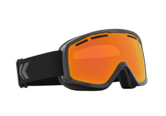 Angled view of a pair of ski goggles isolated on white background, no depth of field, sharp.