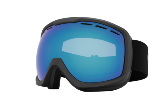 Angled view of a pair of ski goggles isolated on white background, no depth of field, sharp.