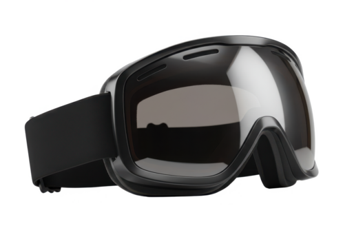 Angled view of a pair of ski goggles isolated on white background, no depth of field, sharp.