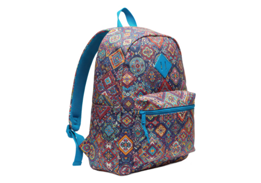 A multi-colored backpack with a blue strap isolated on white background, no depth of field, sharp.