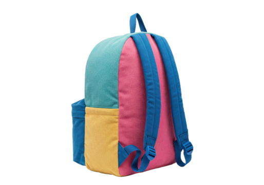 A multi-colored backpack with a blue strap isolated on white background, no depth of field, sharp.