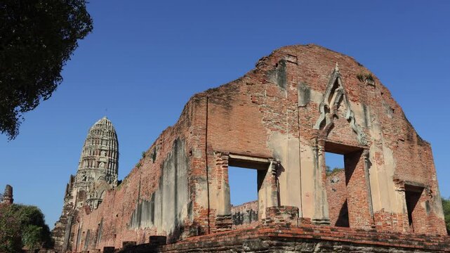 Footage of Wat Racha Burana temple ruins, where a Number of Ayutthaya's precious treasures found by archaeologists, Ayutthaya Historical Park, Thailand