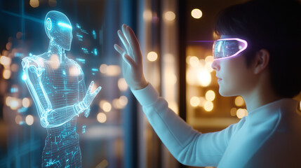 A futuristic concept where a user controls a robot through hand gestures. The environment features holographic projections that mirror the gestures in real time, showcasing an adva