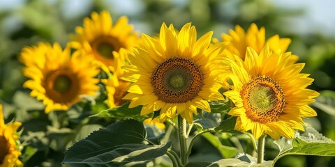 Vibrant yellow sunflowers thrive in a picturesque rural setting, basking in the sunshine of a clear day, creating a stunning display of beautiful yellow sunflowers in nature.