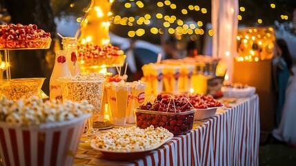 A carnival-themed table with striped decorations, popcorn, candy apples, and bright lights in the background