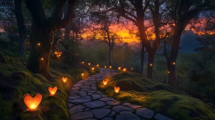 Enchanted Pathway in a Forest at Dusk with Glowing Heart Shaped Lanterns and Vibrant Sunset Skies Creating a Magical Atmosphere of Warmth and Romance