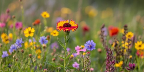 Naklejka premium Vibrant blanketflower bloom displays its beauty amidst a colorful field of wildflowers, showcasing the stunning blanketflower in a natural landscape filled with diverse flora.