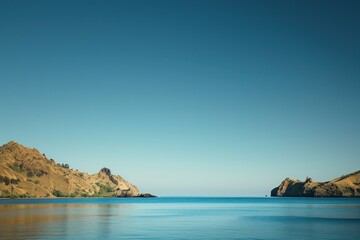 Fototapeta premium Clear blue sky and sea at Padar island promontory landscape shoreline.