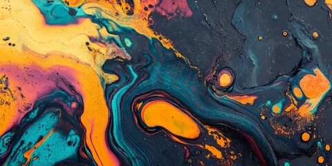 Abstract oil spills creating a striking pattern on a puddle background, highlighting the concerning theme of gasoline nature pollution in an artistic and thought provoking manner.