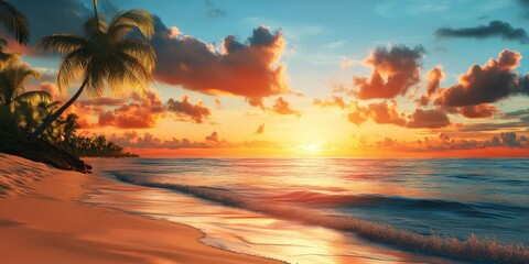 Stunning art captures the beauty of a sunrise over a tropical beach, showcasing the vivid colors and serene atmosphere that make this tropical beach scene truly mesmerizing.