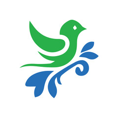 A stylized green bird with outstretched wings is perched on a blue floral branch. The bird has a small white diamond shape on its head and is outlined in black.
