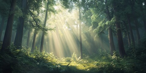 Fototapeta premium A serene forest illuminated by morning sunlight streaming through the trees highlights the beauty of nature and a sense of calmness and tranquility.